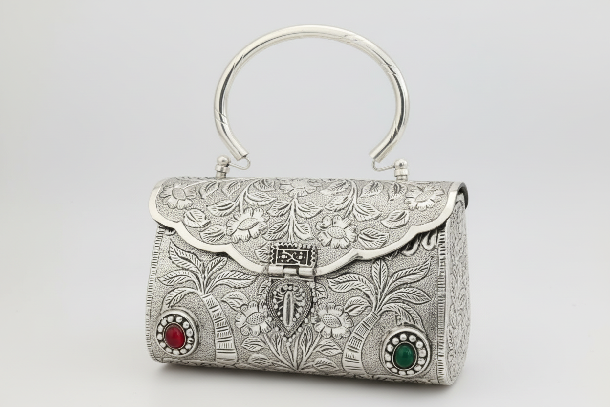 Royal floral brass clutch bag with traditional heritage detailing