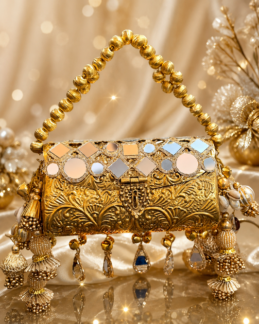 Royal handcrafted mirror work clutch bag with antique gold finish
