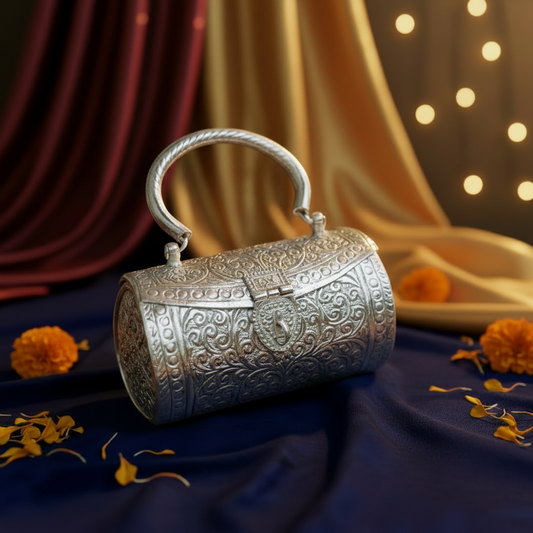 Royal handcrafted silver brass heritage clutch with intricate traditional design