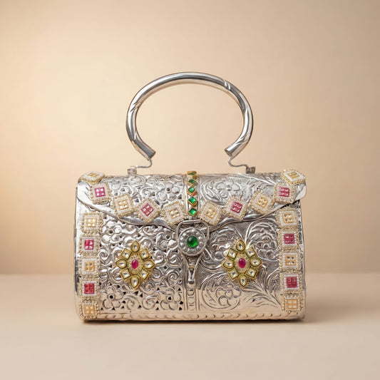Royal heritage antique silver brass handcrafted clutch with stone work