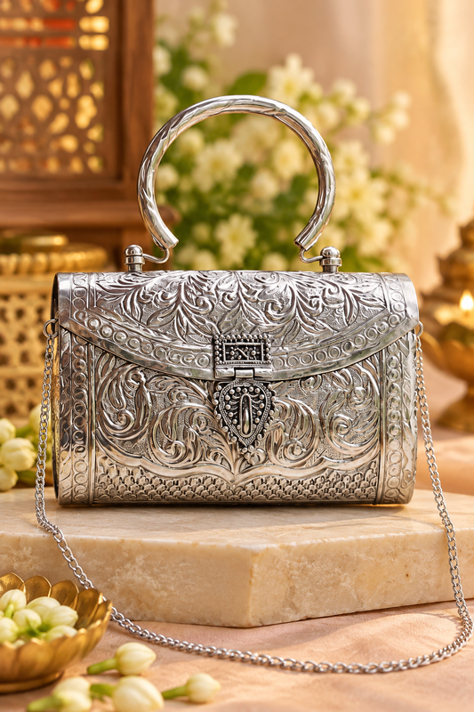Royal heritage antique silver brass metal clutch bag with handle and long sling