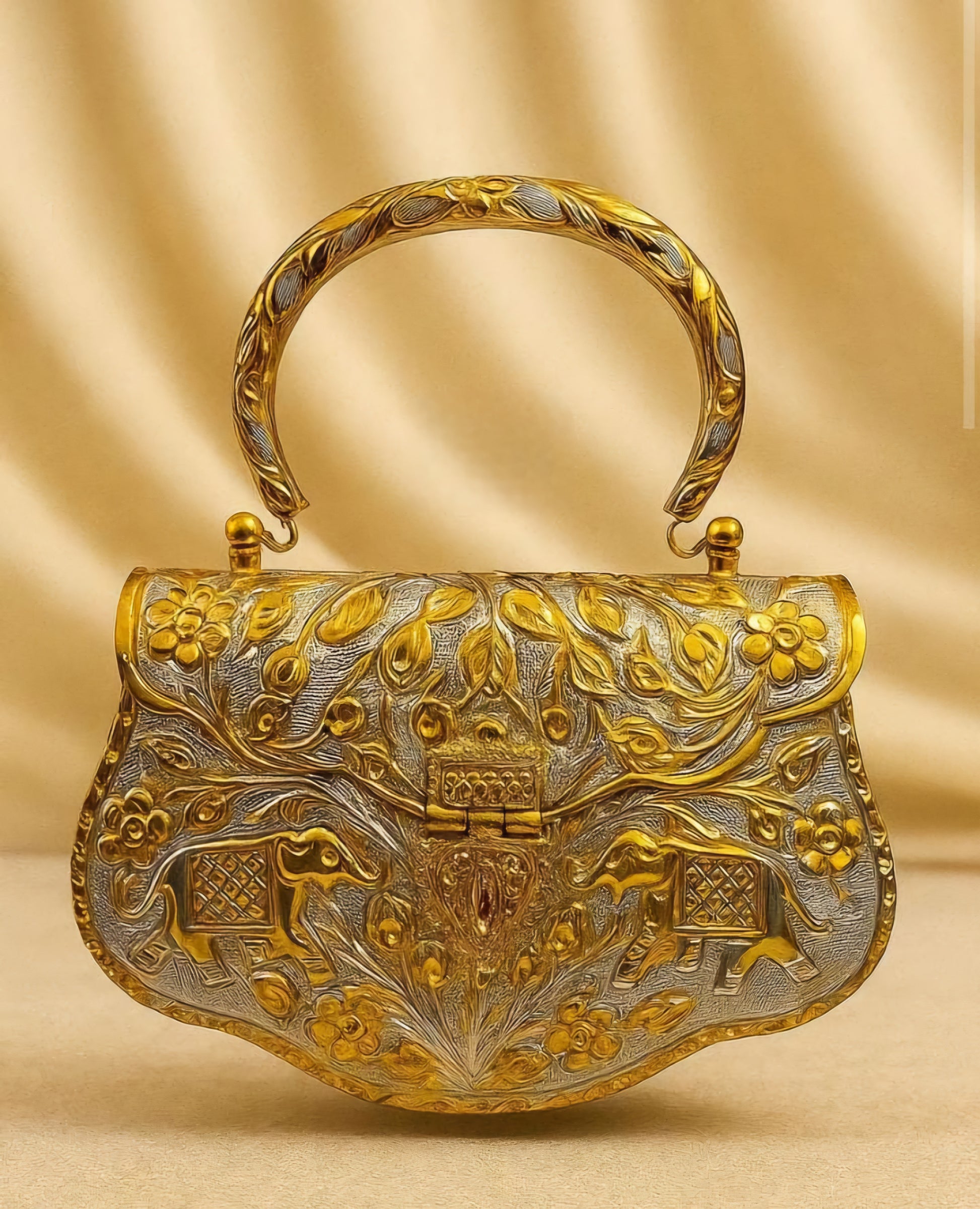 Royal heritage brass clutch bag with traditional Indian design