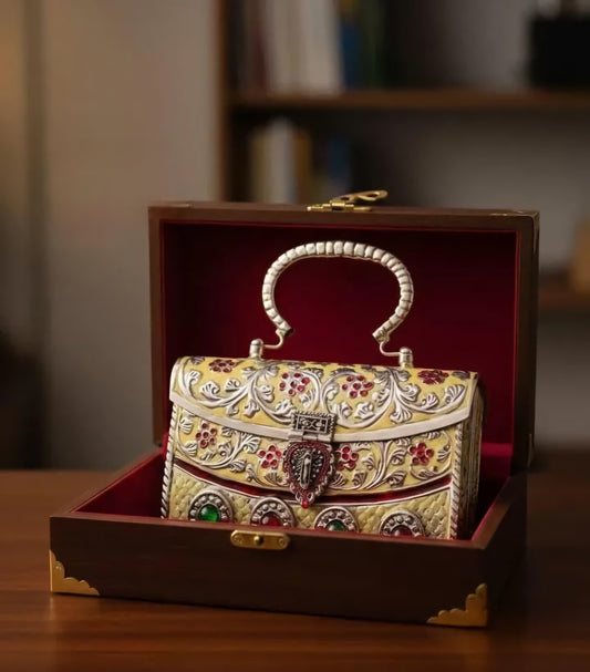 Royal heritage brass metal clutch bag with antique gold silver finish