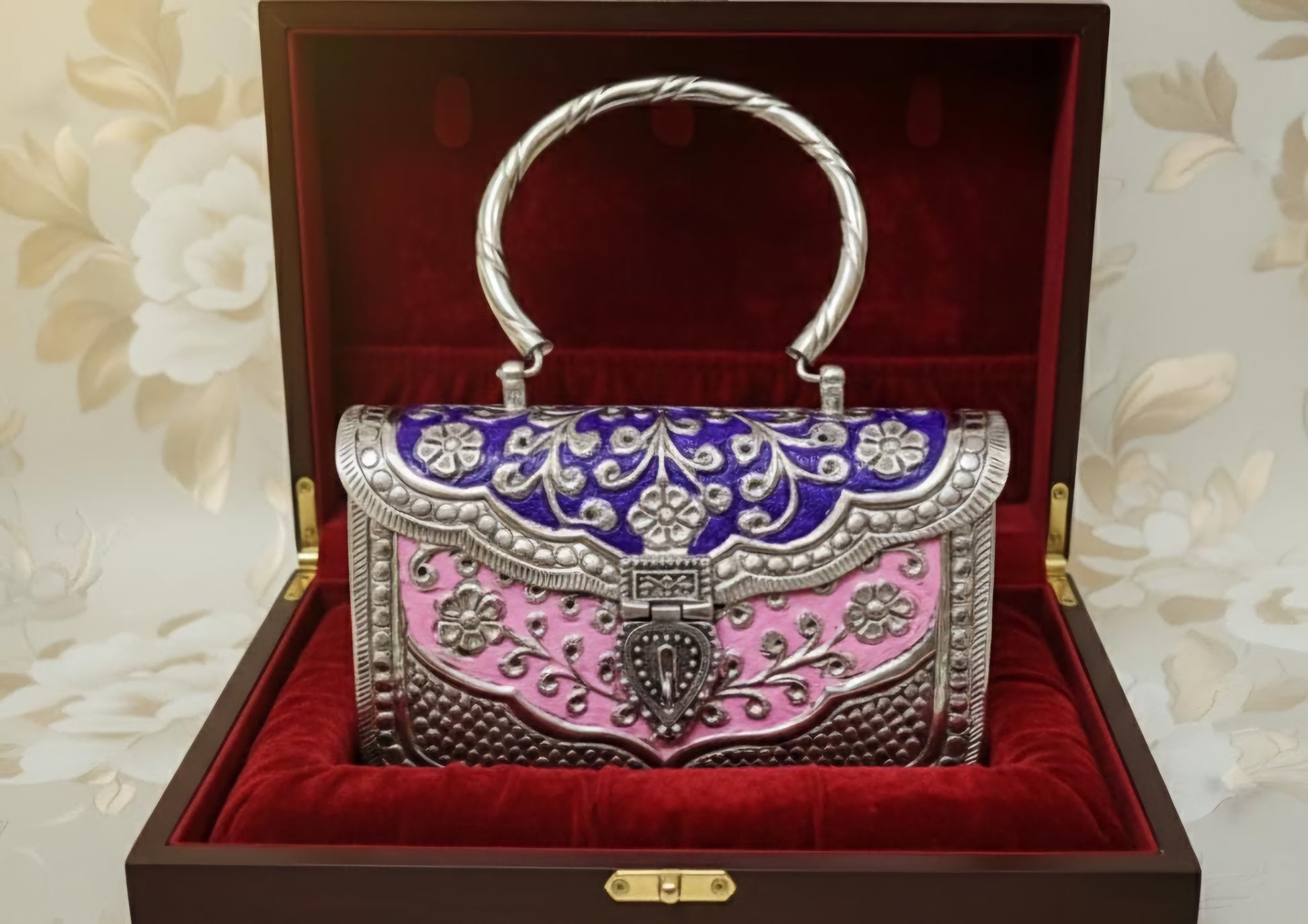 Royal Heritage brass metal clutch with intricate traditional detailing