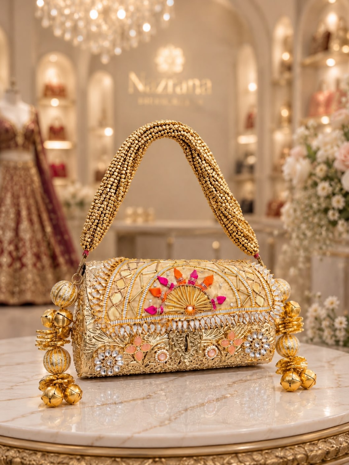 Close-up of Royal Heritage clutch with intricate gold ornamental detailing