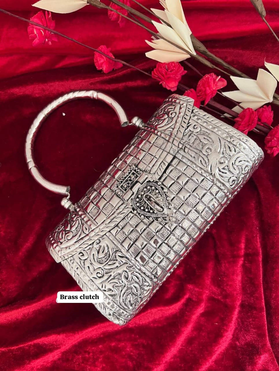 Royal heritage silver brass clutch bag with antique ethnic design