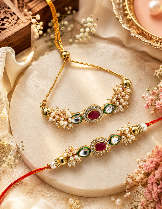 Royal Kundan Bhaiya Bhabhi Rakhi Set with Designer Bracelet Rakhi for Raksha Bandhan