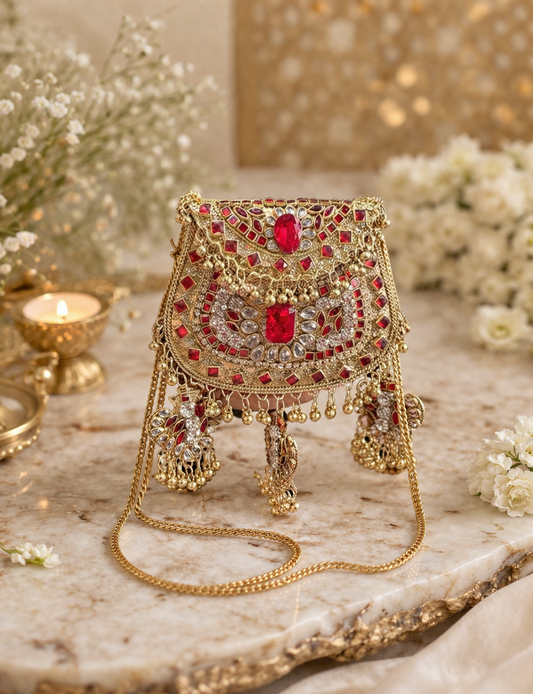 Royal Kundan Kashmiri mini clutch with intricate gemstone detailing