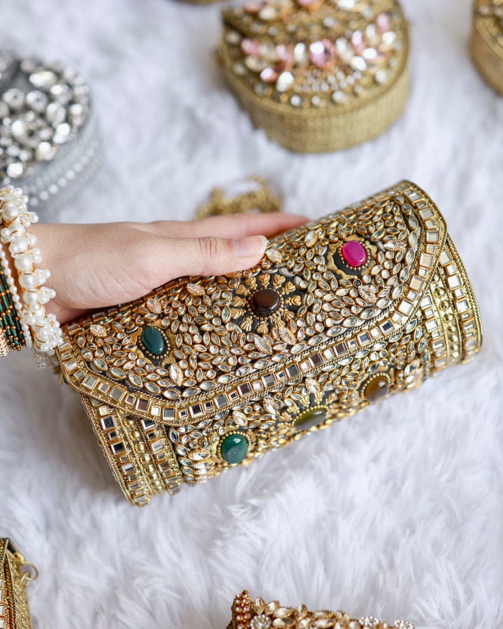 Royal Kundan work brass clutch bag with elegant traditional detailing