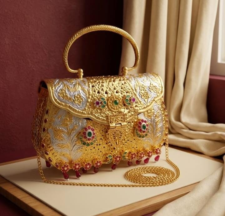 Royal Pachi Kundan bridal handbag with dual-tone gold and silver floral detailing, decorative stones, ornate handle and long sling chain.