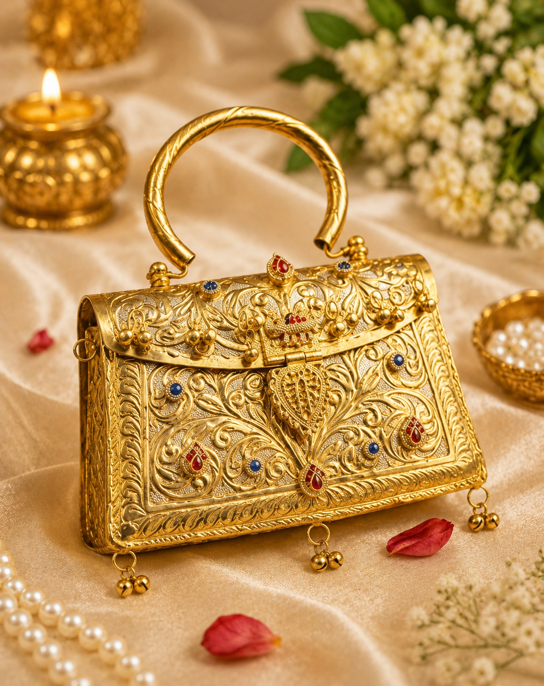 Royal Patchi Kundan brass clutch bag with traditional gold detailing