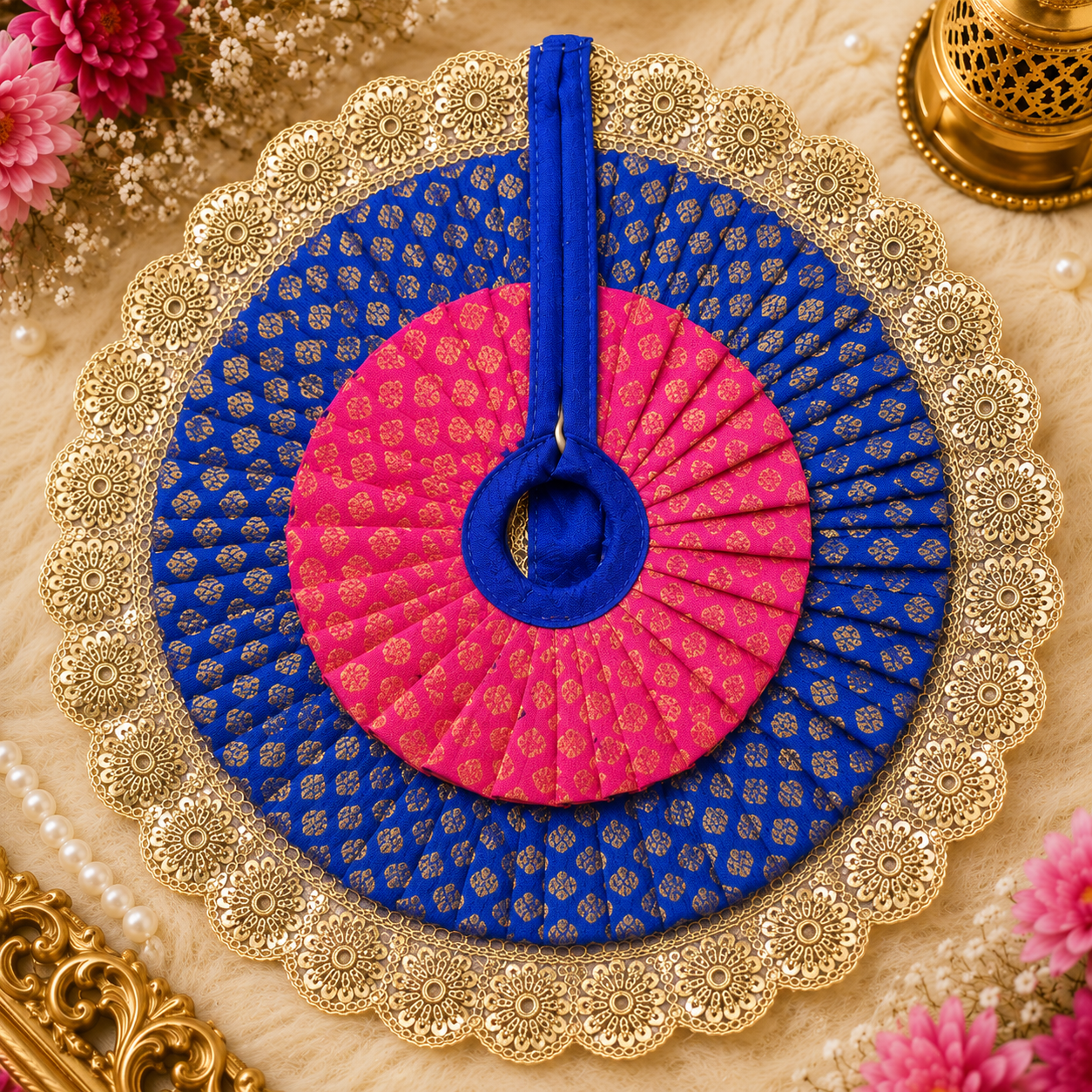 Royal Pleated Designer Laddu Gopal Poshak in Coral Pink and Royal Blue