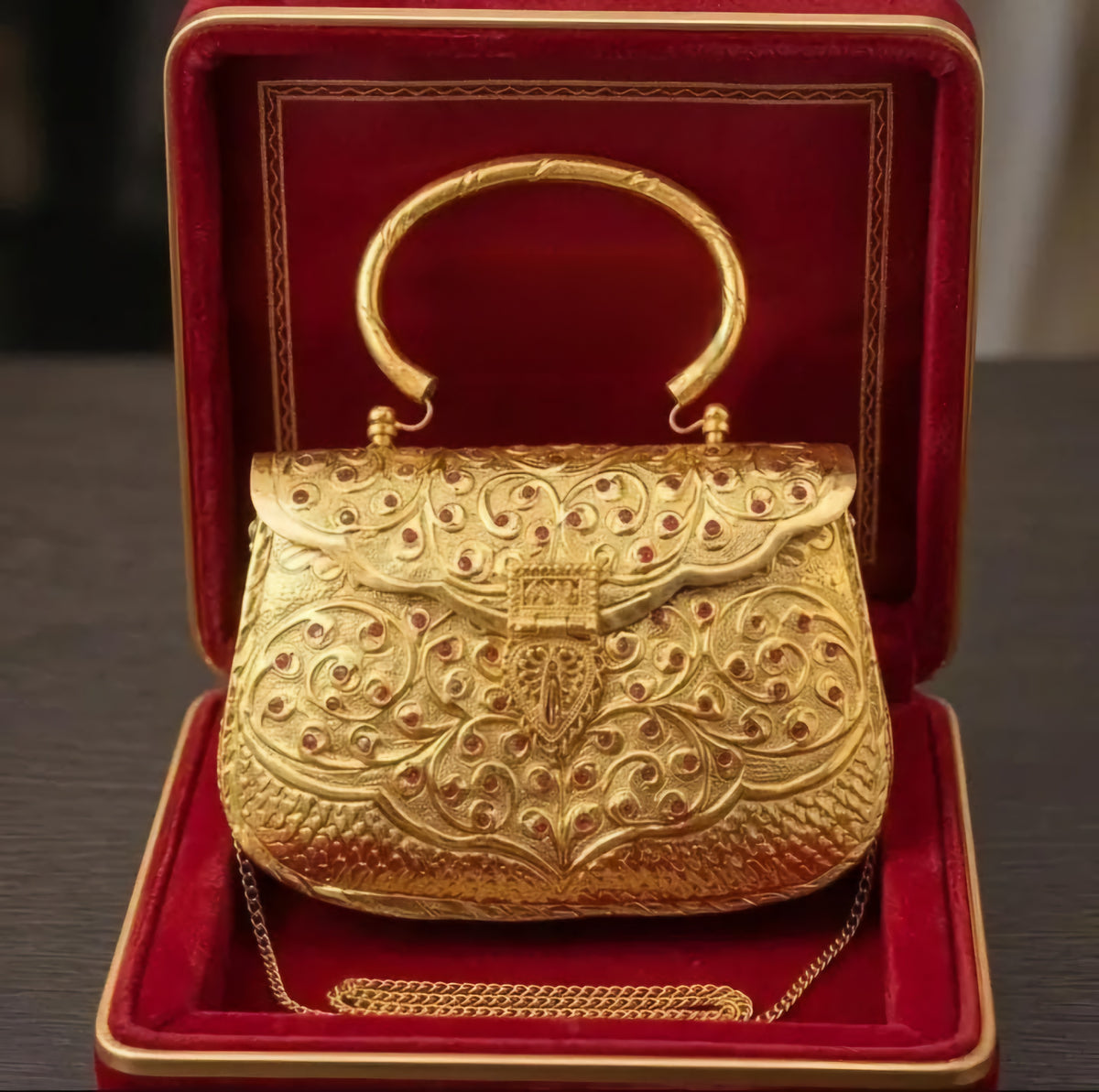 Royal Rajwadi brass gold clutch bag with Red Kundan Meena work