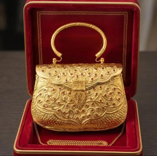 Royal Rajwadi brass gold clutch bag with Red Kundan Meena work
