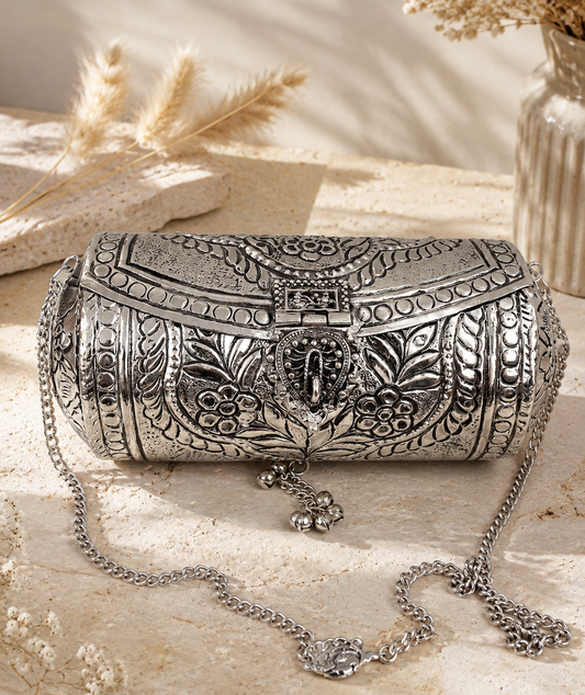 Royal silver antique brass clutch bag with handcrafted traditional design and sling chain