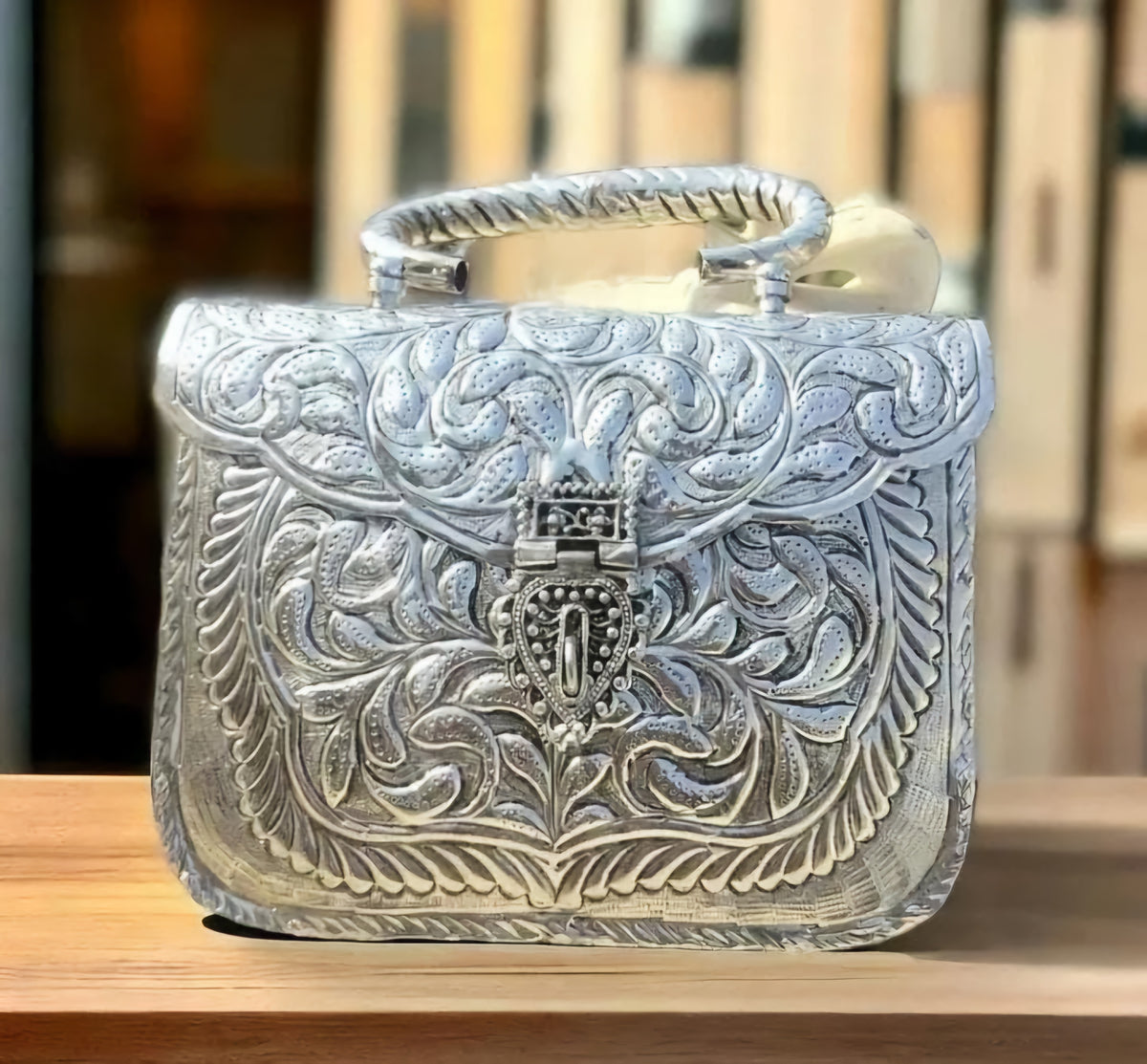 Royal vintage silver brass clutch bag with antique ethnic design