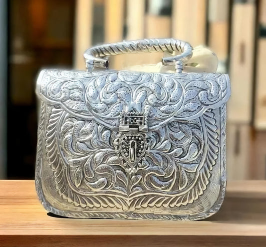 Royal vintage silver brass clutch bag with antique ethnic design