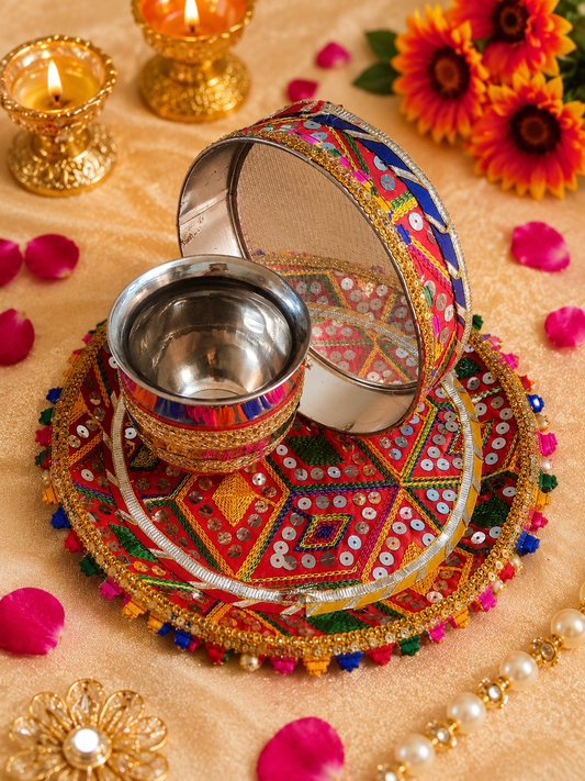 Sequence embroidery work Karwa Chauth pooja thali set