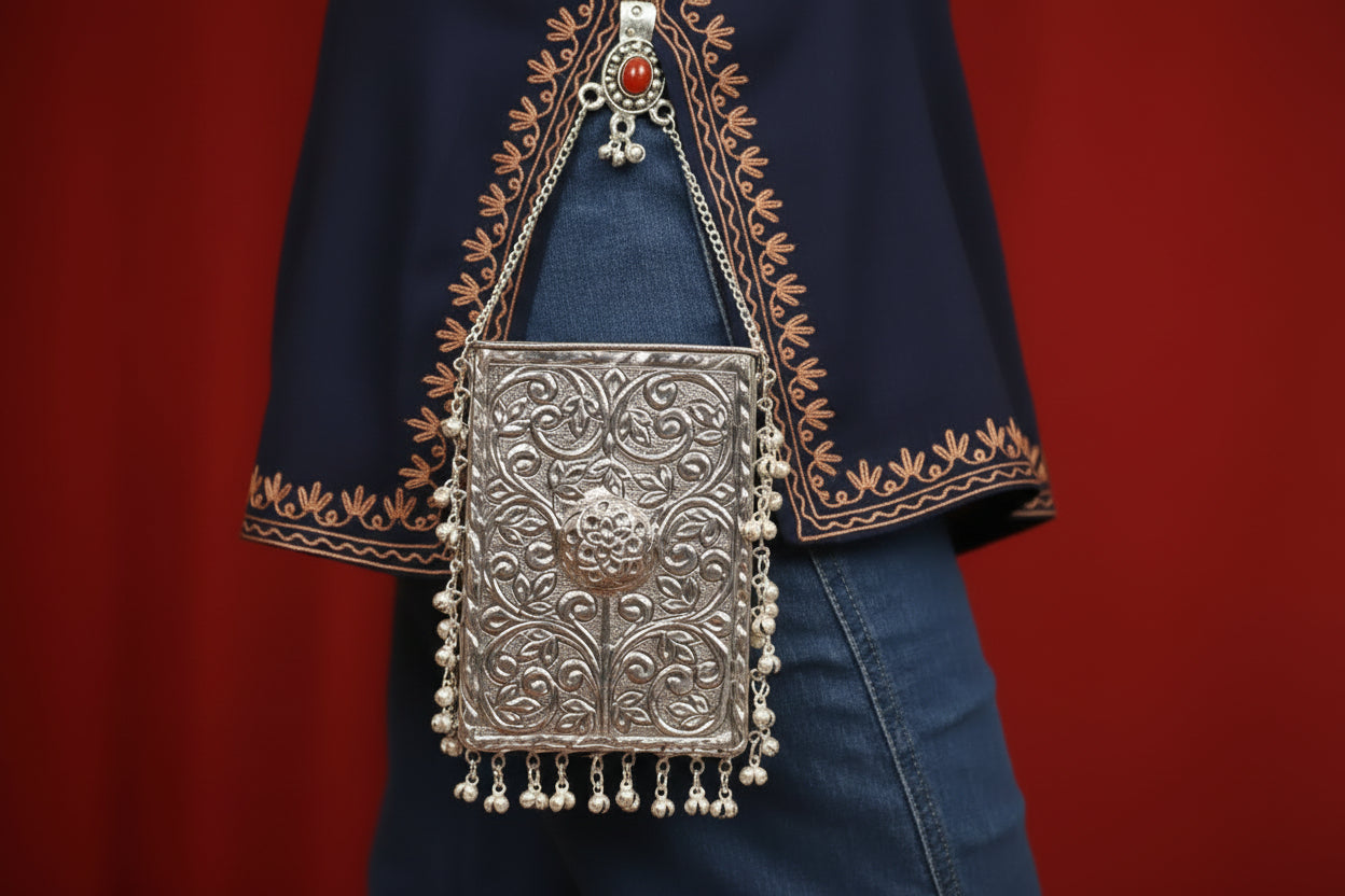 Shahi brass mobile clutch with traditional Ghungroo detailing