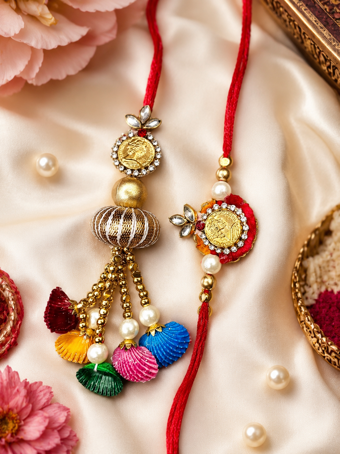 Handmade Shell Gota Patti Bhaiya Bhabhi Rakhi Set for Raksha Bandhan