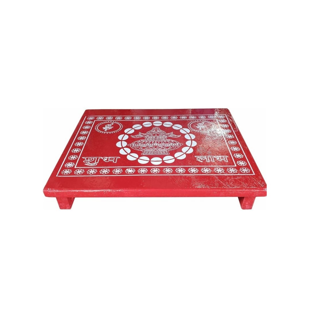 Traditional wooden Puja Chowki with Shubh Labh design