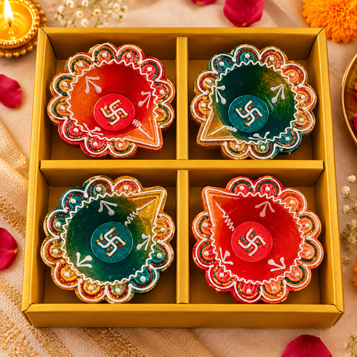 Shubh Swastik terracotta diya pack of 4 for Diwali decoration