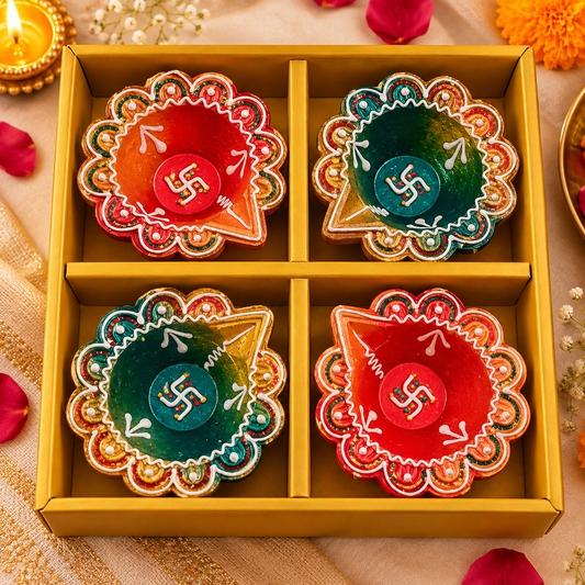 Shubh Swastik terracotta diya pack of 4 for Diwali decoration