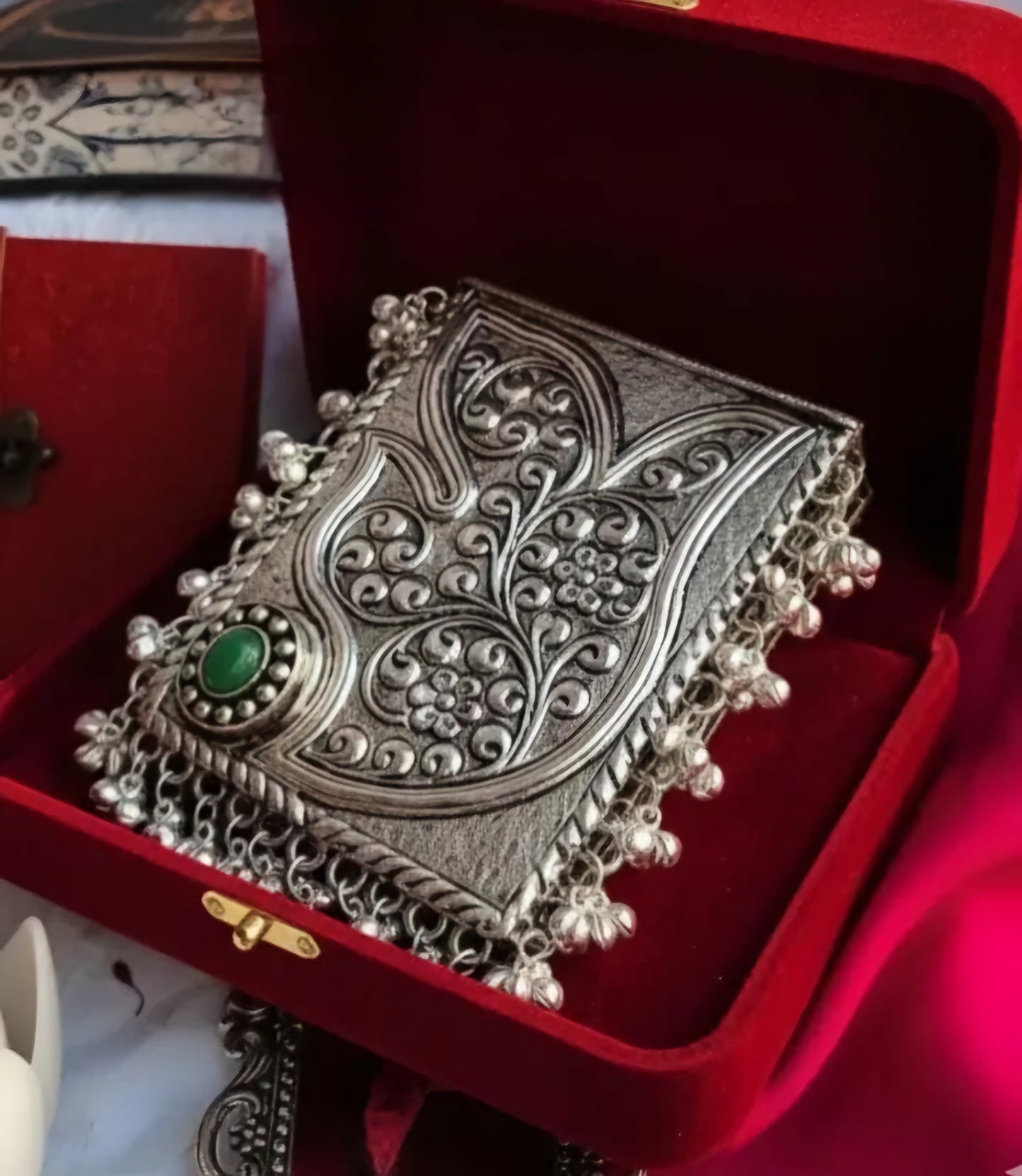 Silver brass designer clutch bag with traditional Indian detailing