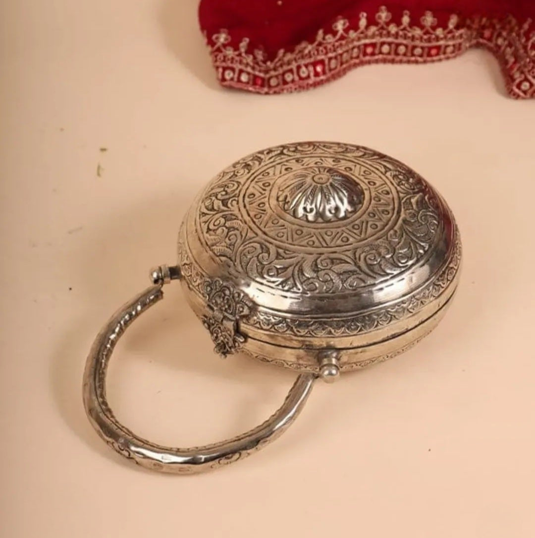 Silver brass metal clutch with elegant traditional design