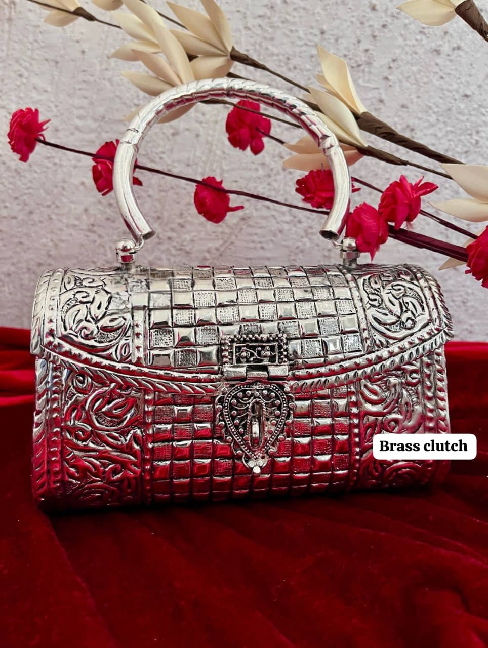 Silver brass wedding clutch handbag with traditional detailing
