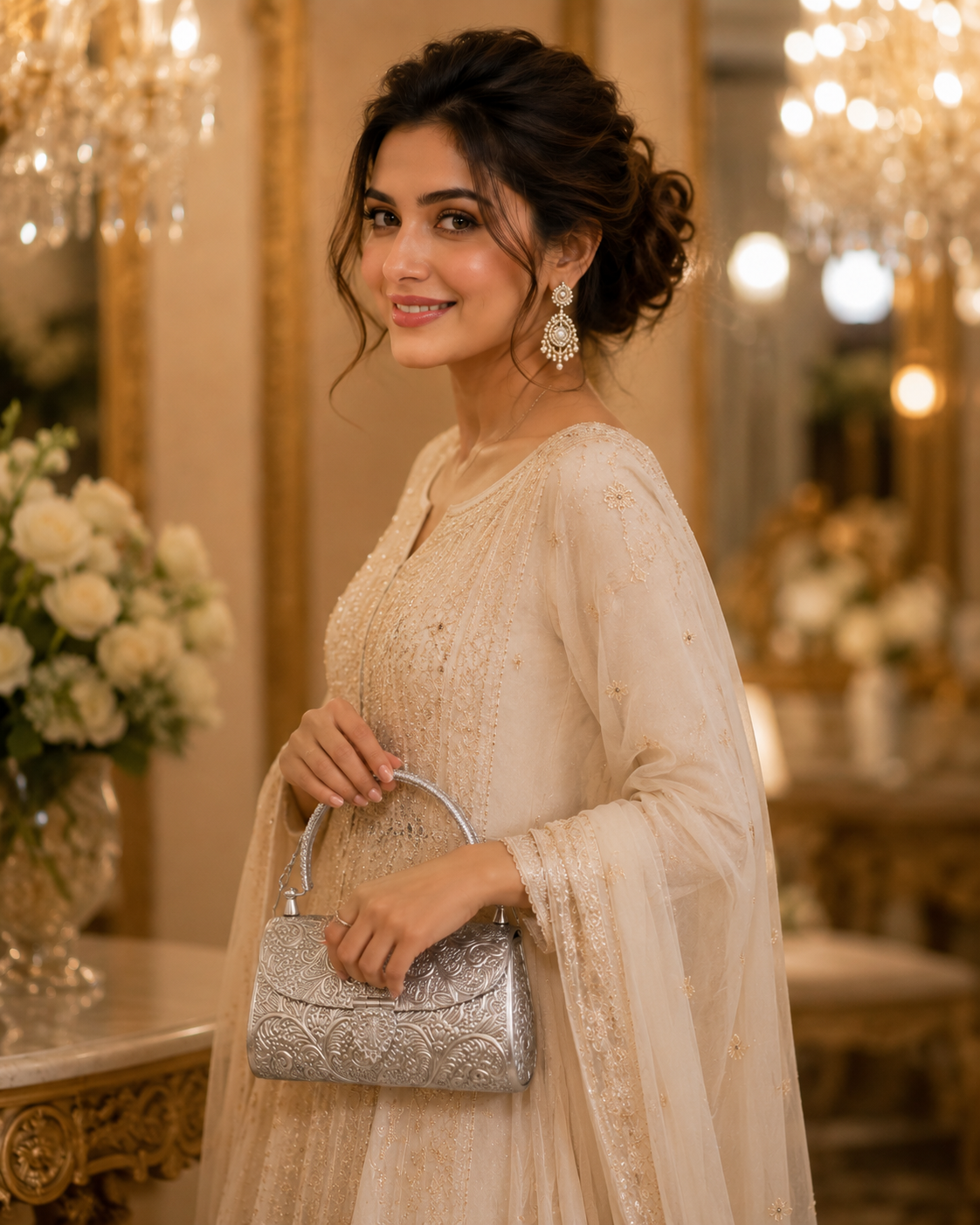 Silver finish evening clutch with intricate handcrafted detailing