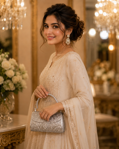 Silver finish evening clutch with intricate handcrafted detailing