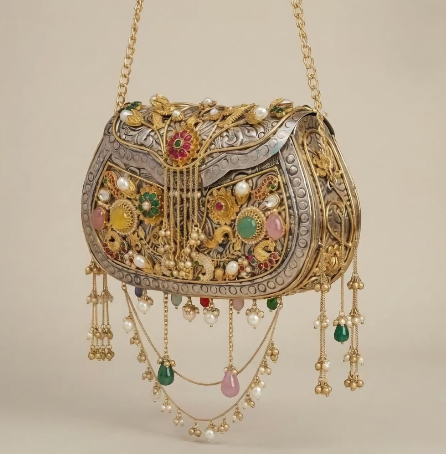 Silver and gold double-tone brass clutch with Pachi Kundan detailing