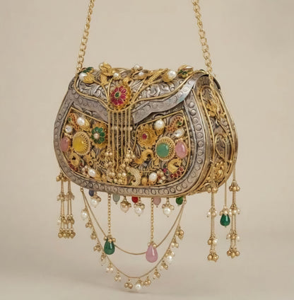 Silver and gold double-tone brass clutch with Pachi Kundan detailing