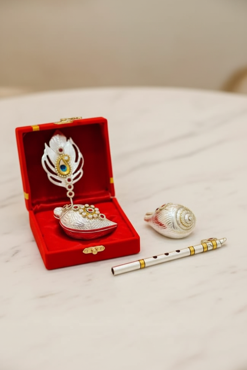Silver Tilak Chopra Kumkum Set with Peacock Feather Design