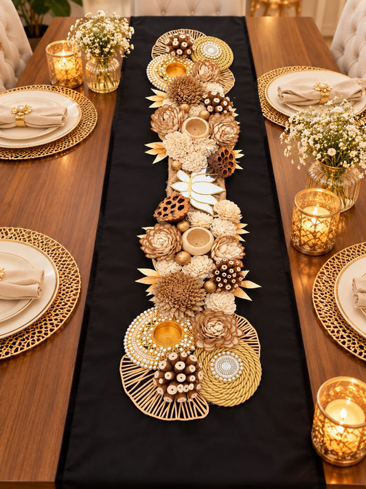 Sola flower Diwali table runner with metal diyas from TyoharMart