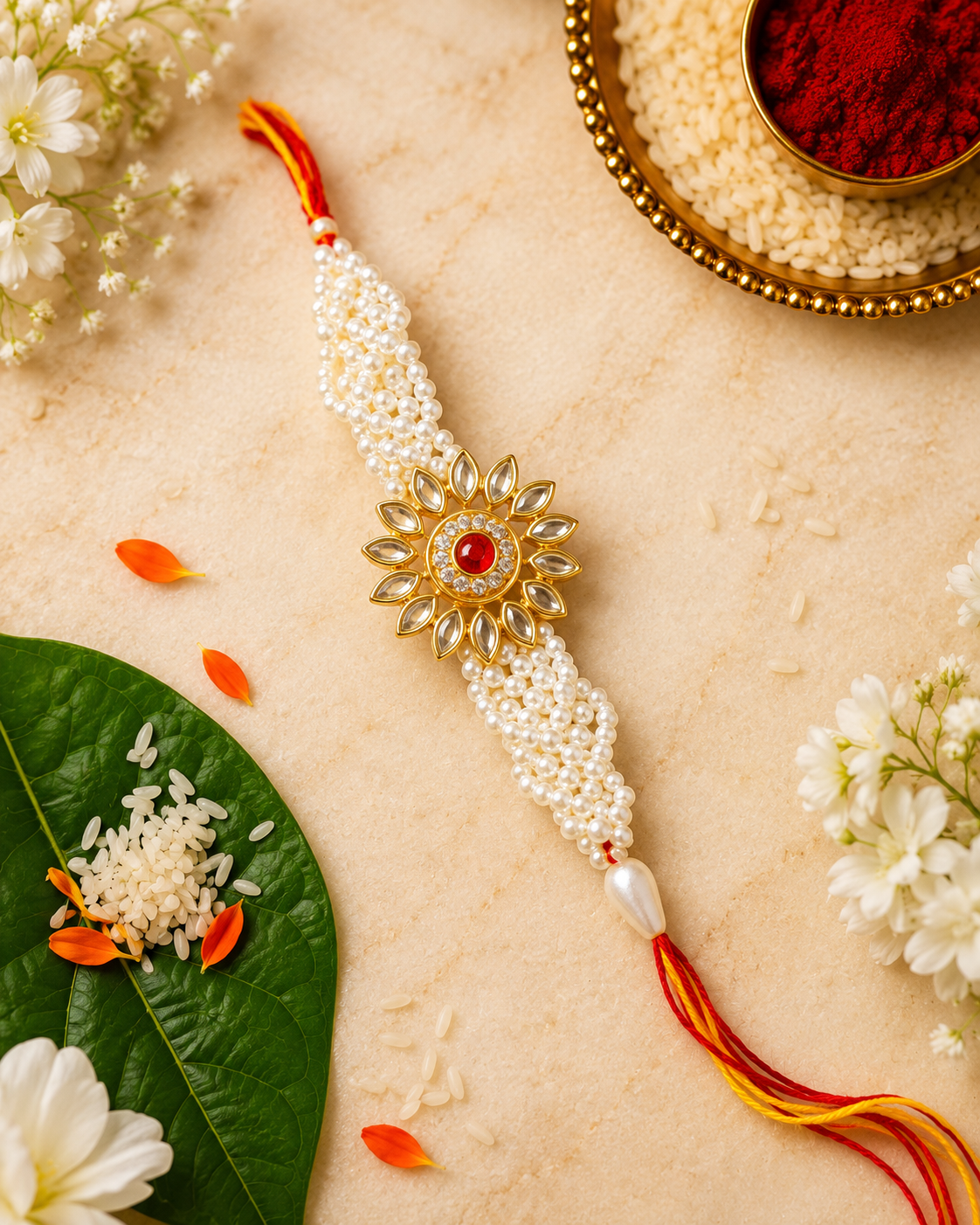 Surya Kundan Pearl Designer Rakhi for Brother with Premium Handcrafted Detailing