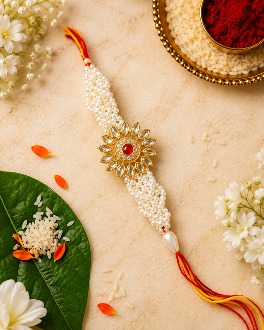 Surya Kundan Pearl Designer Rakhi for Brother with Premium Handcrafted Detailing