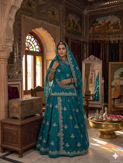 Teal blue Rajputi poshak with traditional Pure Odhani
