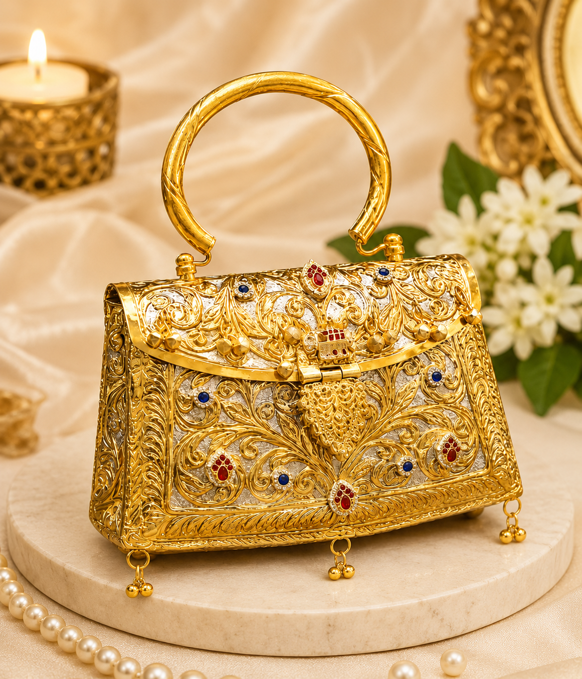 Traditional gold artisanal clutch bag with premium brass craftsmanship