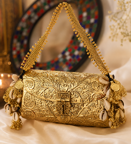 Traditional gold brass clutch purse with intricate ethnic design