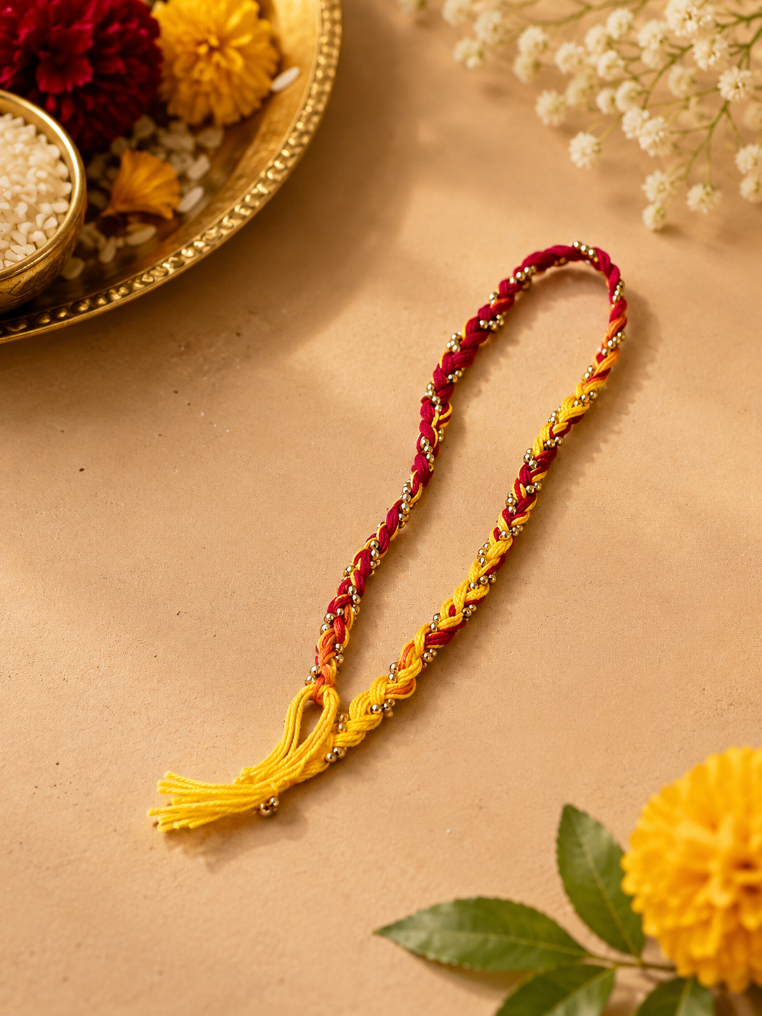 Traditional golden bead Rakhi for brother for Raksha Bandhan