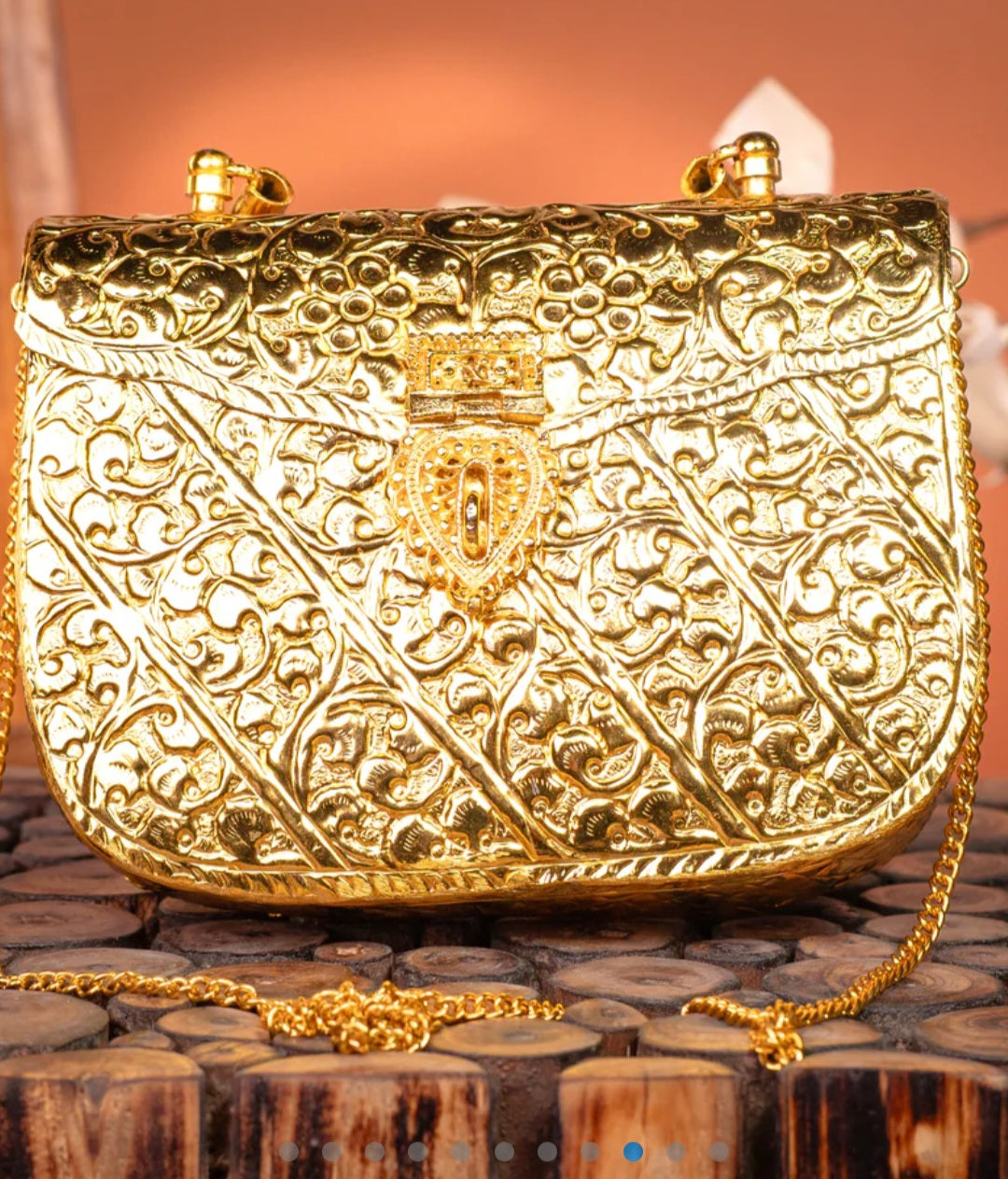 Traditional Indian brass clutch with a sophisticated heritage-inspired look