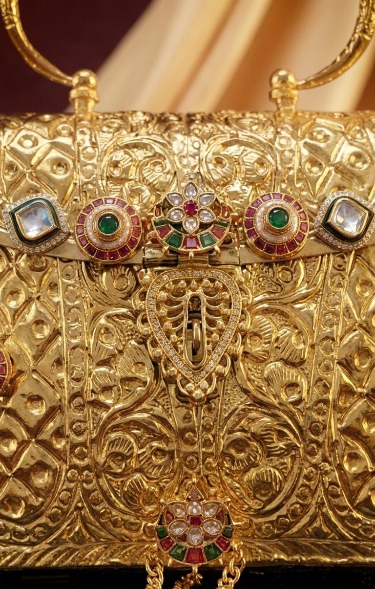 Traditional Indian wedding handbag in a rich gold finish with heritage floral embossing, decorative stone embellishments and a structured 8 x 7 inch design.