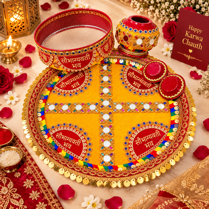 Traditional Karwa Chauth pooja thali set with lota diya channi and katori