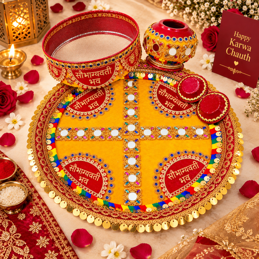 Traditional Karwa Chauth pooja thali set with lota diya channi and katori