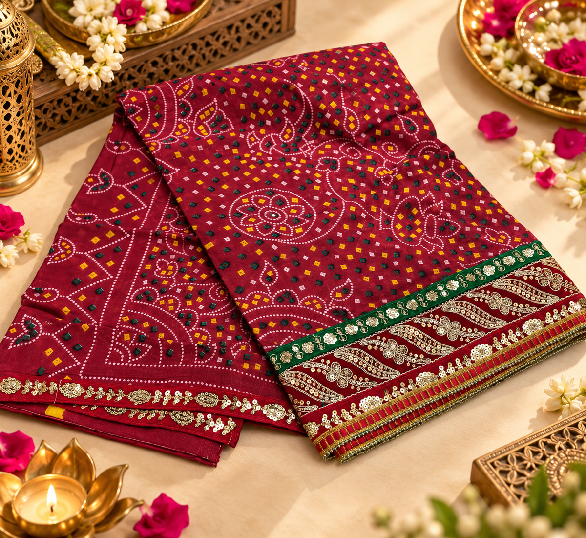 Traditional maroon cotton chunri odhna with colourful Bandhani motifs and gold zari sequin handwork border