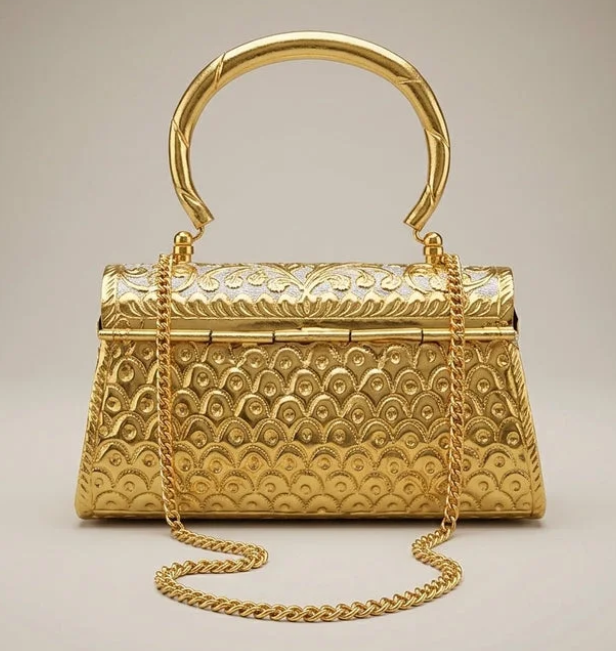 Traditional Meenakari gold-tone brass handbag for Indian weddings, festivals, and ethnic occasions