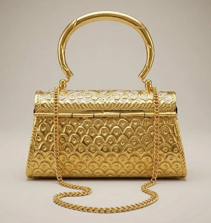 Traditional Meenakari gold-tone brass handbag for Indian weddings, festivals, and ethnic occasions