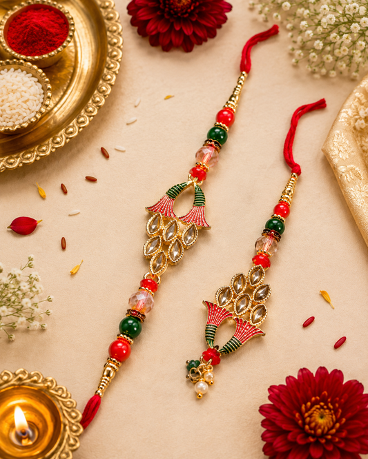 Traditional Meenakari Peacock Bhaiya Bhabhi Rakhi Set with Roli Chawal & Best Wishes Card